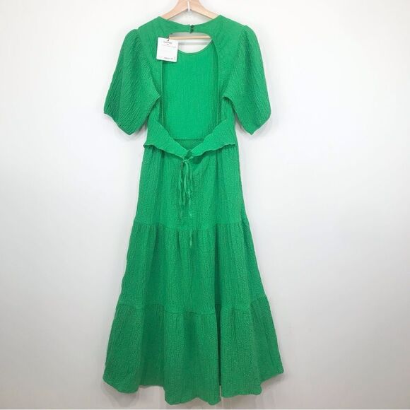 Desigual Green Textured Open Back Tiered Puff Sleeve Dress NEW - Picture 11 of 16